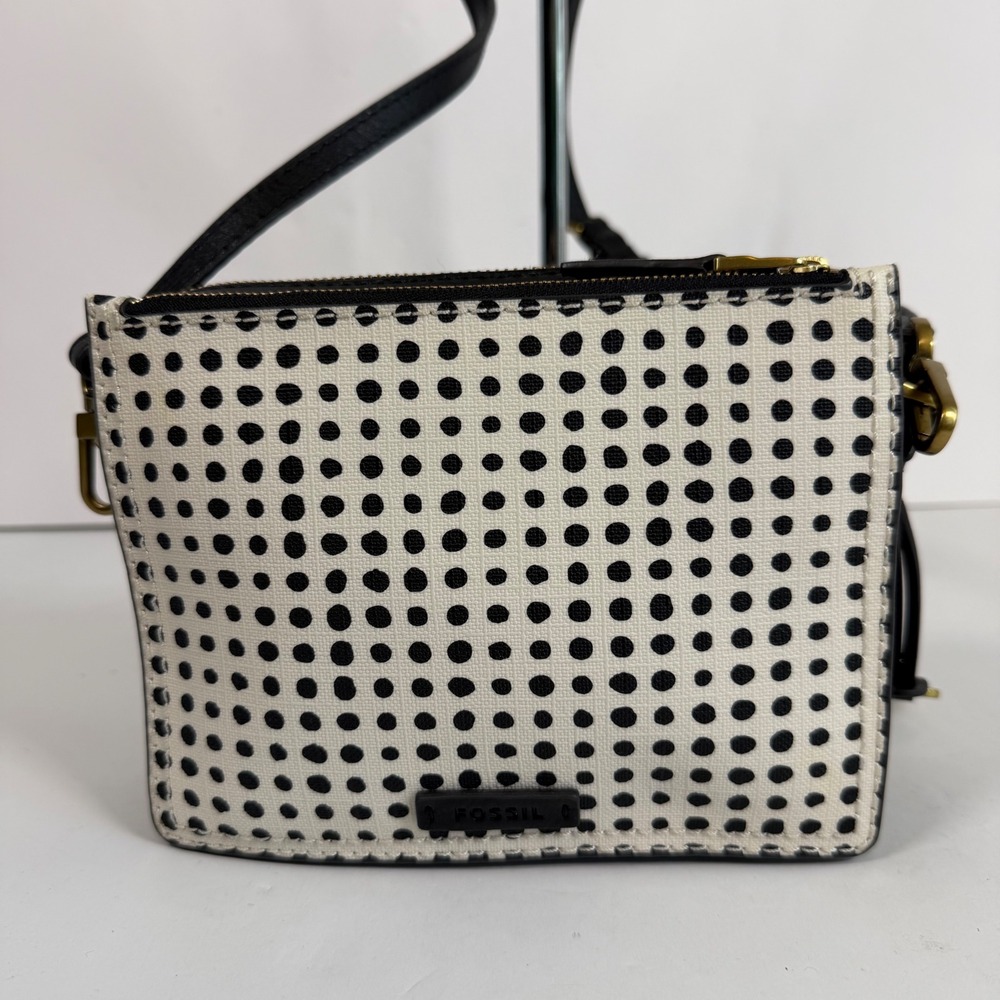 Fossil Polka Dot Leatger Crossbody Bag Black Cream Multi Zip Key Charm Brass